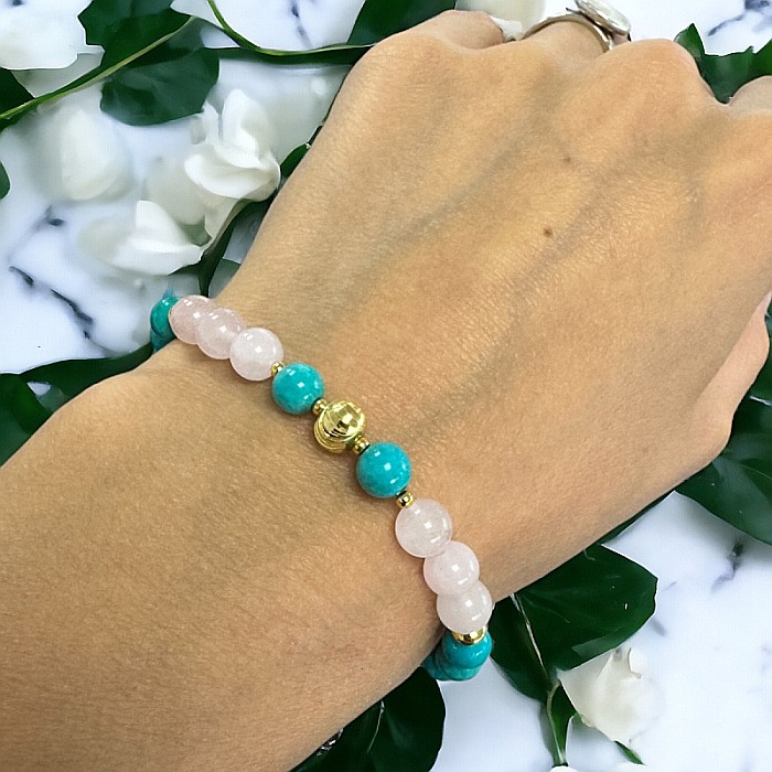 Bratara femei Eliza din Cuart Roz de Madagascar si Turcoaz cu accesorii din argint 925 placat cu Aur [6]