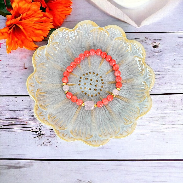 Bratara femei Karissa din margele de coral si cuart roz cu accesorii din argint 925 placat cu aur [6]