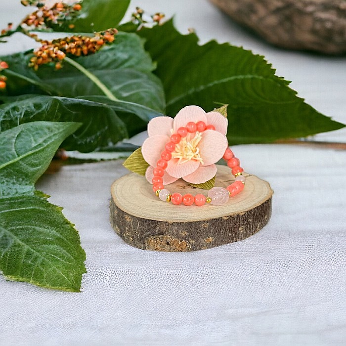 Bratara femei Karissa din margele de coral si cuart roz cu accesorii din argint 925 placat cu aur [8]