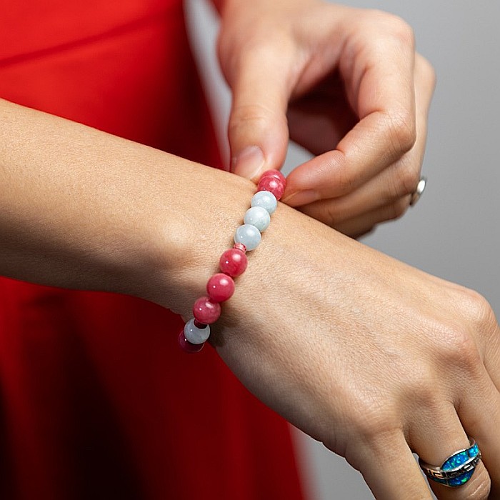 Bratara femei pietre semipretioase din Jad Rosu si Acvamarin, Noel, sfere de 8mm [4]