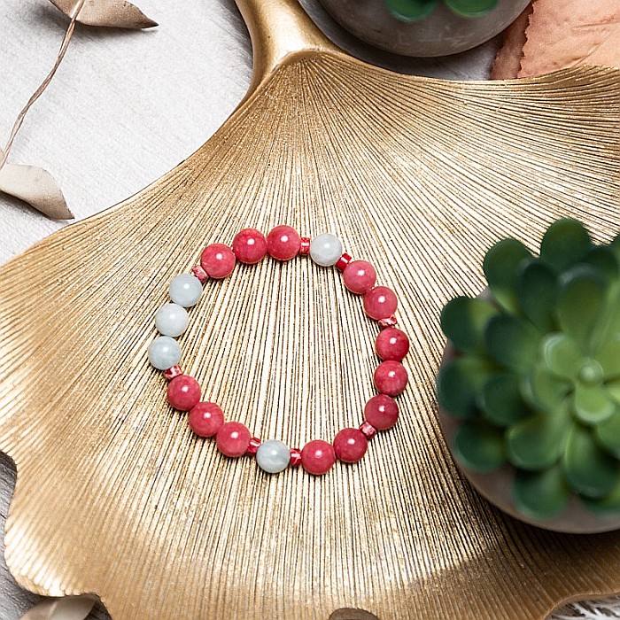 Bratara femei pietre semipretioase din Jad Rosu si Acvamarin, Noel, sfere de 8mm [12]