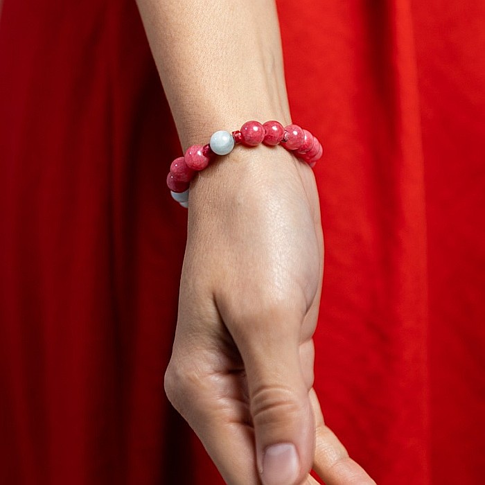 Bratara femei pietre semipretioase din Jad Rosu si Acvamarin, Noel, sfere de 8mm [8]