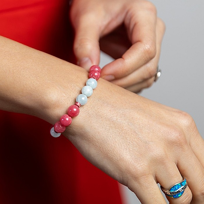 Bratara femei pietre semipretioase din Jad Rosu si Acvamarin, Noel, sfere de 8mm [6]