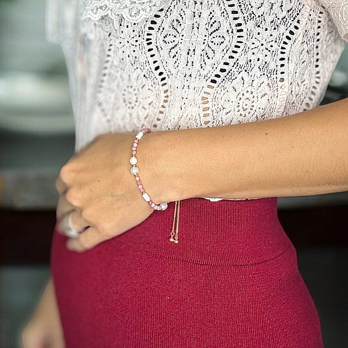 Bratara femei Rodonit si Perle Agrata, ajustabila, cupru placat cu aur [2]