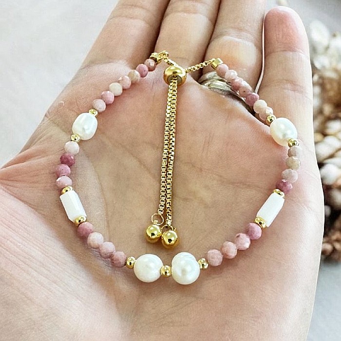 Bratara femei Rodonit si Perle Agrata, ajustabila, cupru placat cu aur [9]