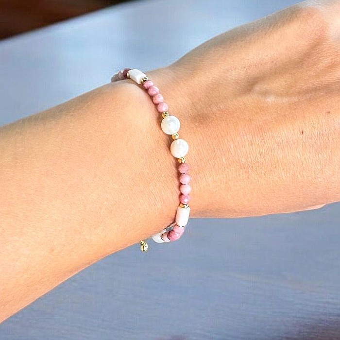 Bratara femei Rodonit si Perle Agrata, ajustabila, cupru placat cu aur [5]