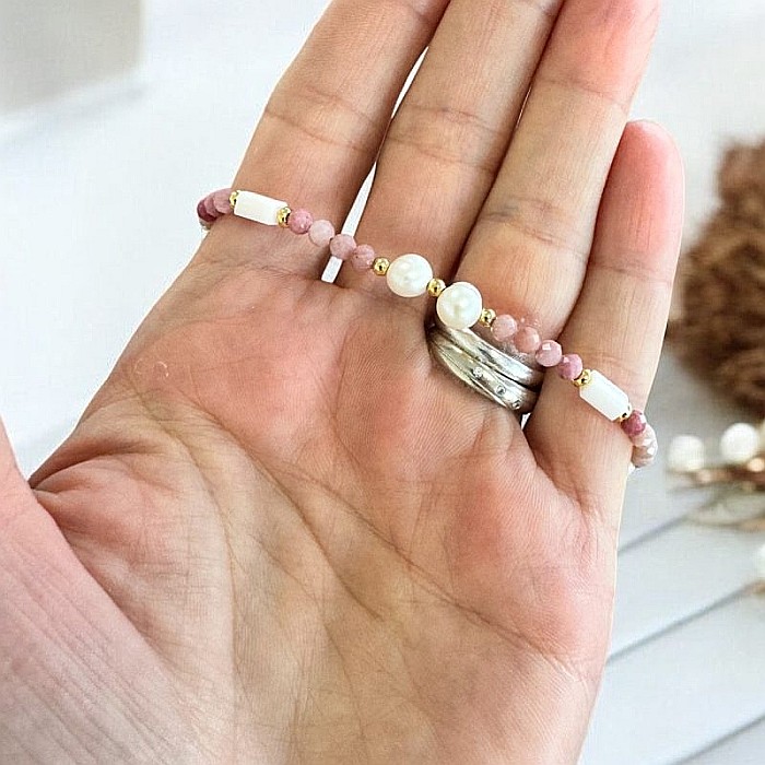 Bratara femei Rodonit si Perle Agrata, ajustabila, cupru placat cu aur [8]