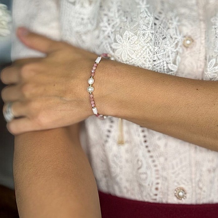 Bratara femei Rodonit si Perle Agrata, ajustabila, cupru placat cu aur [6]