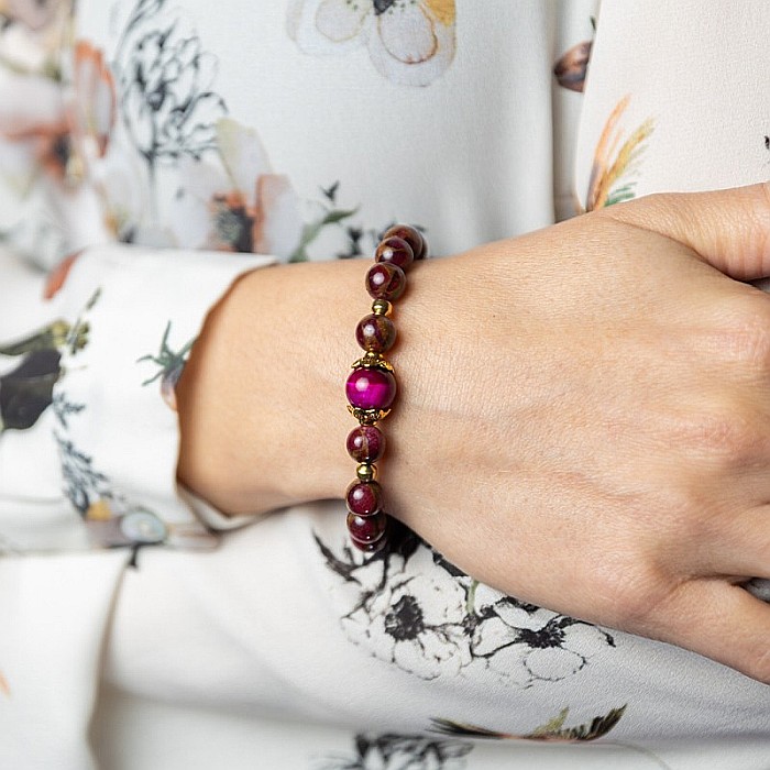 Bratara fete Karina din margele Cloisonne Rosii si Ochi de Tigru, margele de 8mm [6]