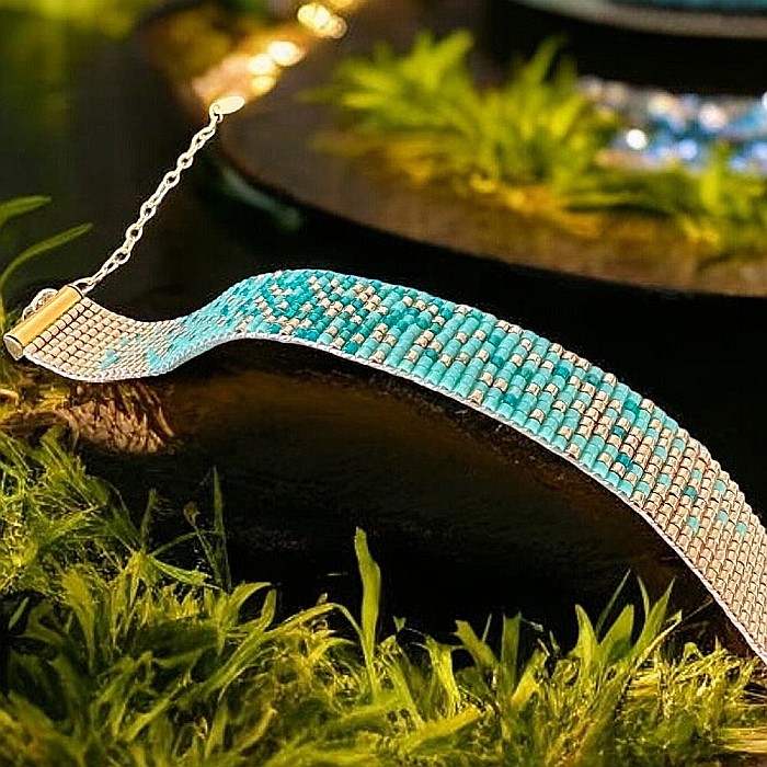 Bratara handmade Darcy multistrat Turcoaz Aurie din margele Miyuki, impletita manual [5]