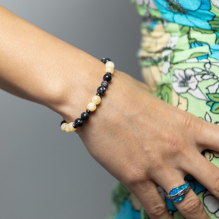 Bratara handmade din pietre semipretioase pentru femei Rahel cu cristale de Jad Galben si Shell Turquoise Negru, sfere de 6mm [6]