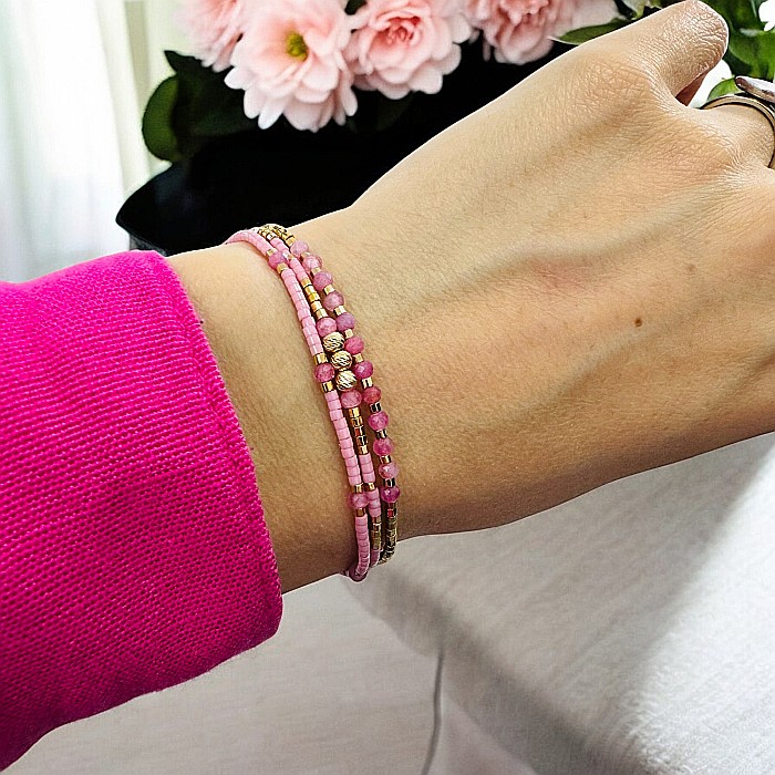 Bratara handmade roz snur 3 straturi Paty cu Miyuki si Turmalina Roz cu argint placat cu aur [2]