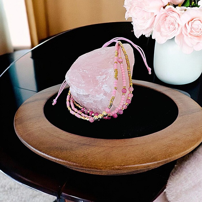 Bratara handmade roz snur 3 straturi Paty cu Miyuki si Turmalina Roz cu argint placat cu aur [4]