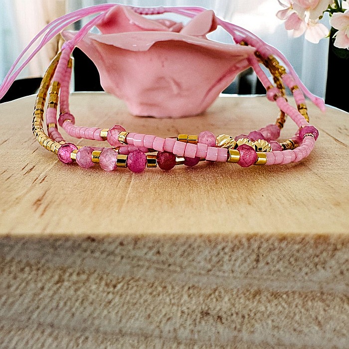Bratara handmade roz snur 3 straturi Paty cu Miyuki si Turmalina Roz cu argint placat cu aur [6]