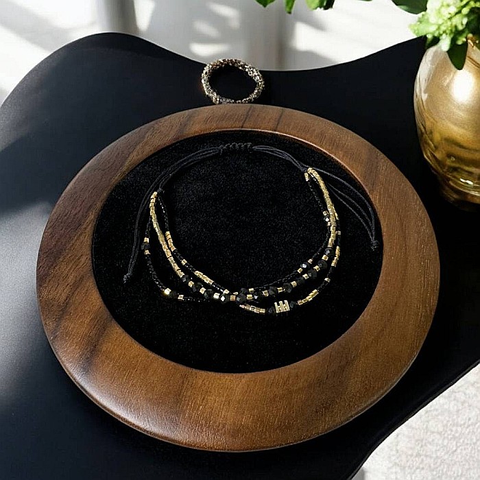 Bratara handmade snur 3 straturi Malika din Miyuki si Obsidian cu charm auriu [8]