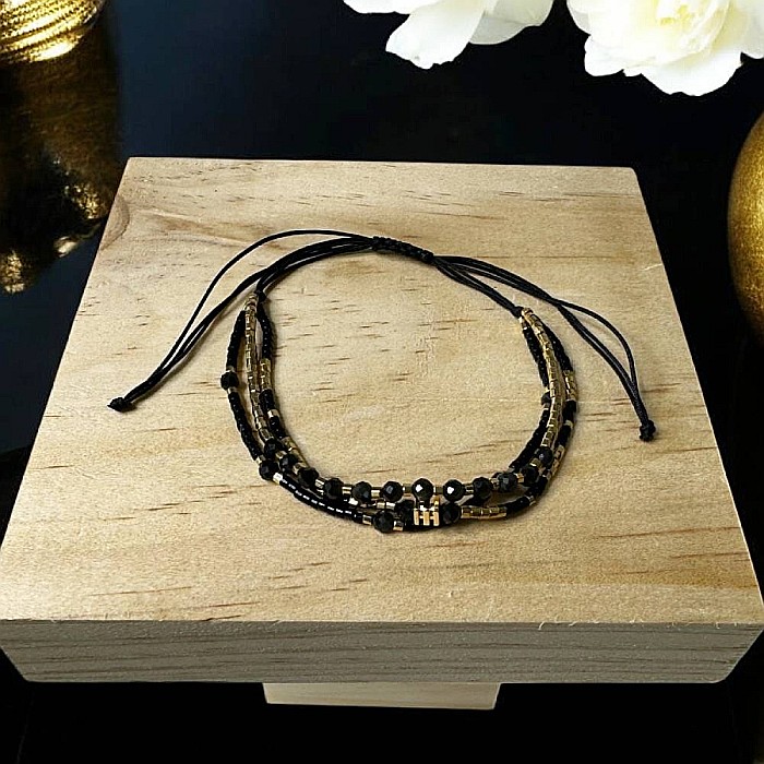 Bratara handmade snur 3 straturi Malika din Miyuki si Obsidian cu charm auriu [6]