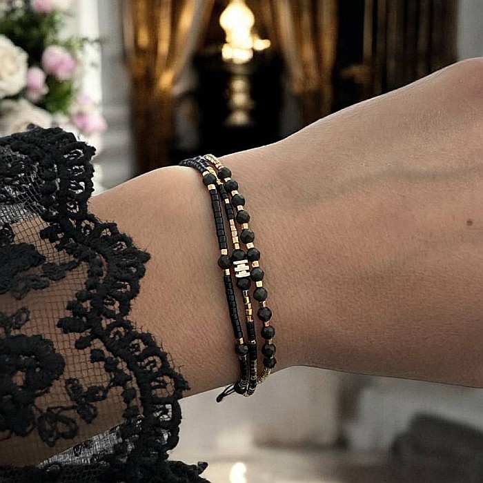 Bratara handmade snur 3 straturi Malika din Miyuki si Obsidian cu charm auriu [9]