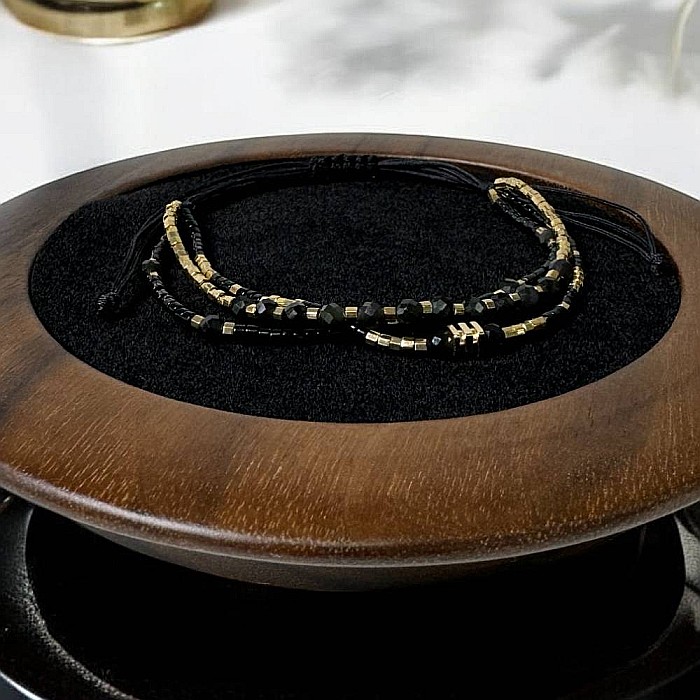 Bratara handmade snur 3 straturi Malika din Miyuki si Obsidian cu charm auriu [5]