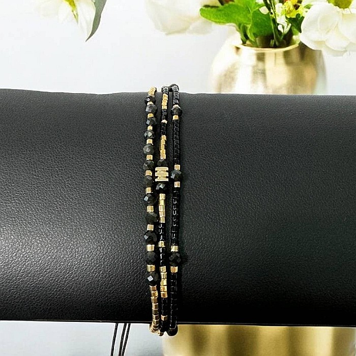 Bratara handmade snur 3 straturi Malika din Miyuki si Obsidian cu charm auriu [3]