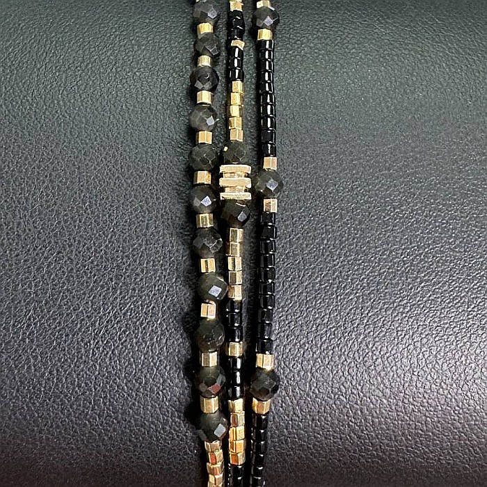 Bratara handmade snur 3 straturi Malika din Miyuki si Obsidian cu charm auriu [7]