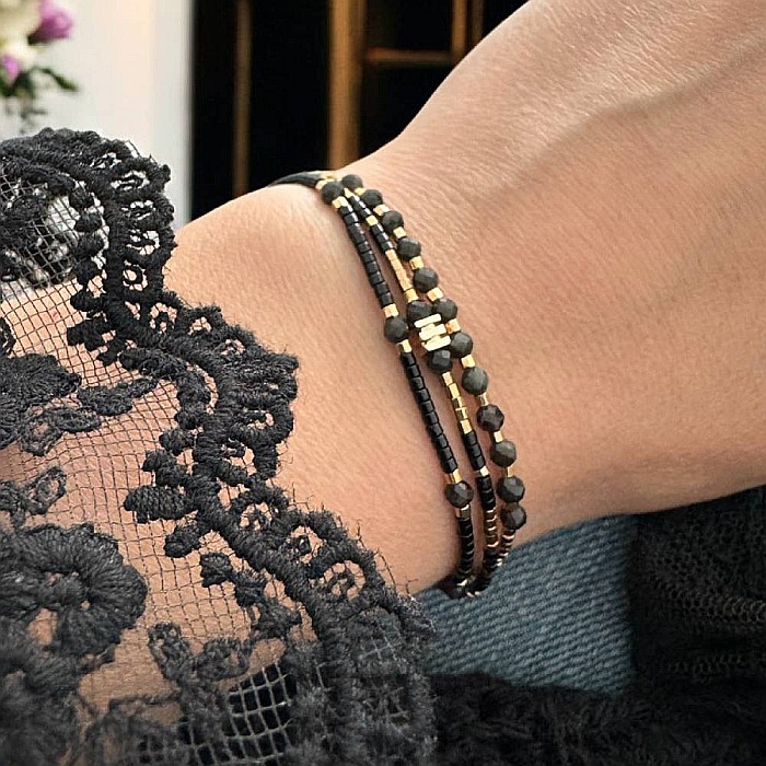 Bratara handmade snur 3 straturi Malika din Miyuki si Obsidian cu charm auriu [1]