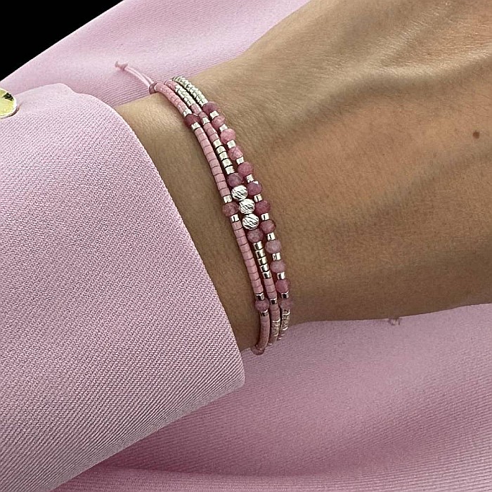 Bratara handmade snur AZIZA, 3 straturi din Miyuki și Turmalina Roz cu argint [7]