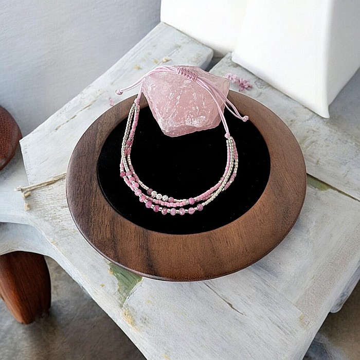 Bratara handmade snur AZIZA, 3 straturi din Miyuki și Turmalina Roz cu argint [5]