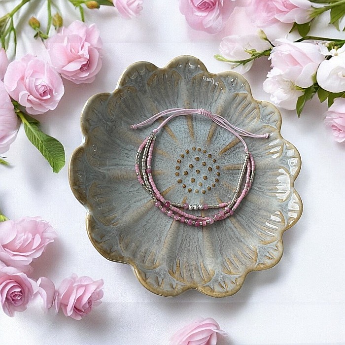 Bratara handmade snur AZIZA, 3 straturi din Miyuki și Turmalina Roz cu argint [4]