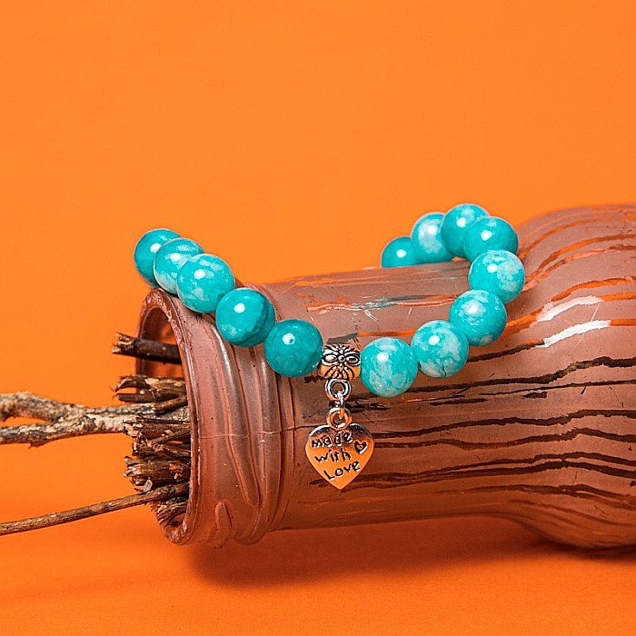 Bratara “Kalida” cu pietre semipretioase de Amazonit si accesoriu Inima, margele de 8 mm [2]