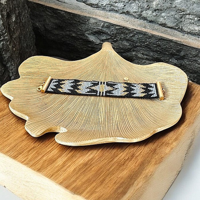 Bratara lata dama aurie cu negru si gri, impletita manual cu margele Miyuki, Charline [6]