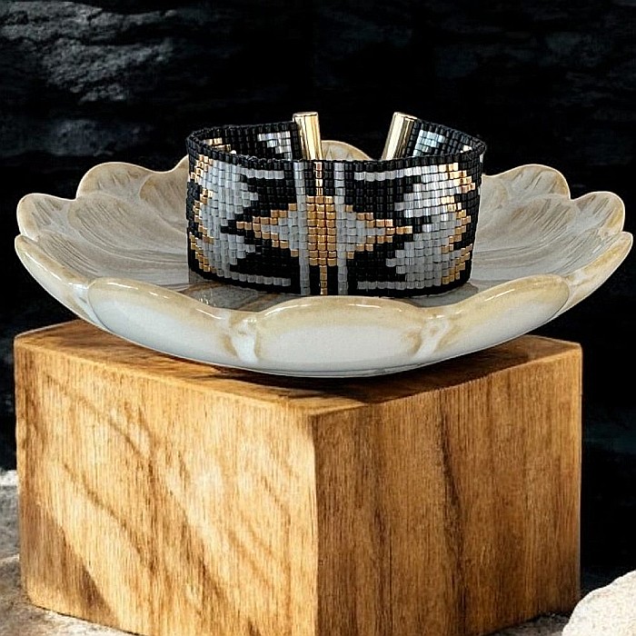 Bratara lata dama aurie cu negru si gri, impletita manual cu margele Miyuki, Charline [3]