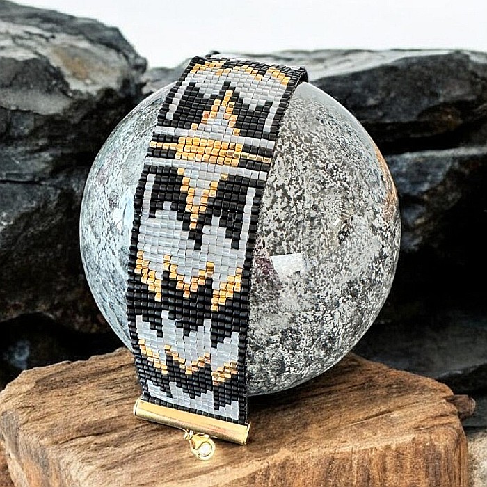 Bratara lata dama aurie cu negru si gri, impletita manual cu margele Miyuki, Charline [1]