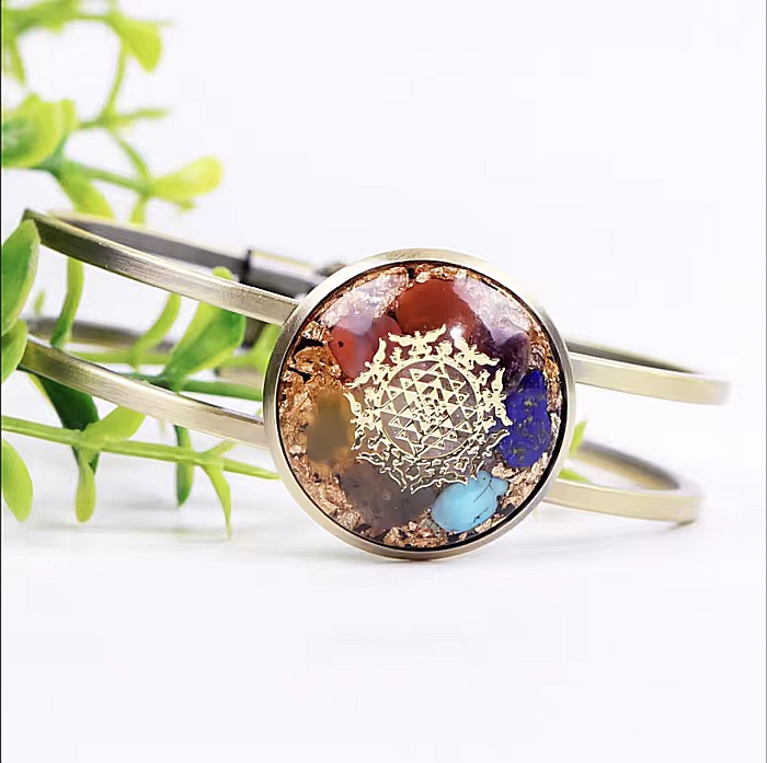 Bratara orgonica ASHIA 7 Chakre alama galvanizata bronz antic, foite Cupru si Cristale Naturale cu simbol Sri Yantra, 6.2 cm [2]