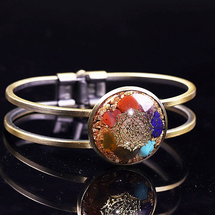 Bratara orgonica ASHIA 7 Chakre alama galvanizata bronz antic, foite Cupru si Cristale Naturale cu simbol Sri Yantra, 6.2 cm [6]