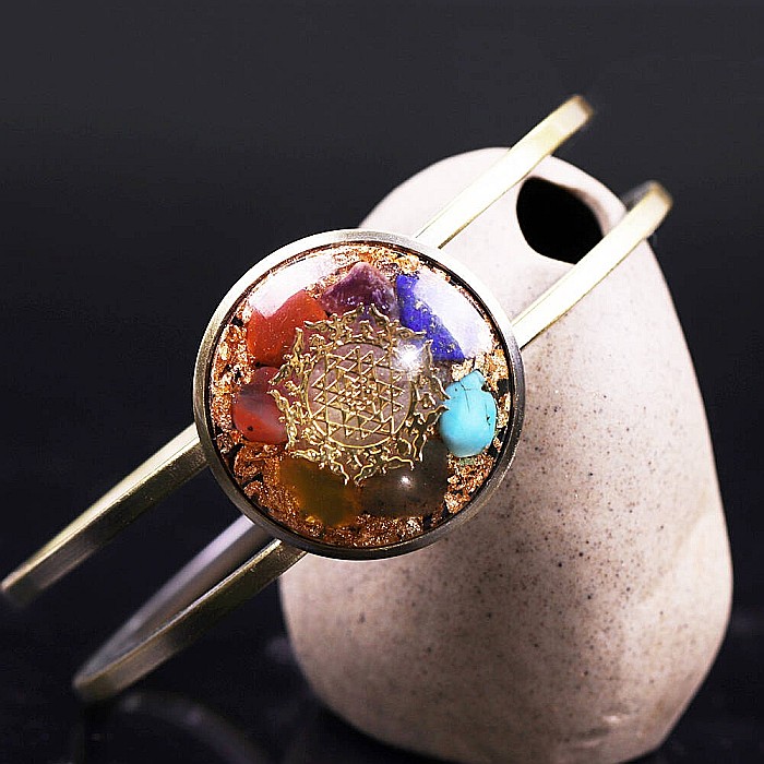 Bratara orgonica ASHIA 7 Chakre alama galvanizata bronz antic, foite Cupru si Cristale Naturale cu simbol Sri Yantra, 6.2 cm [5]