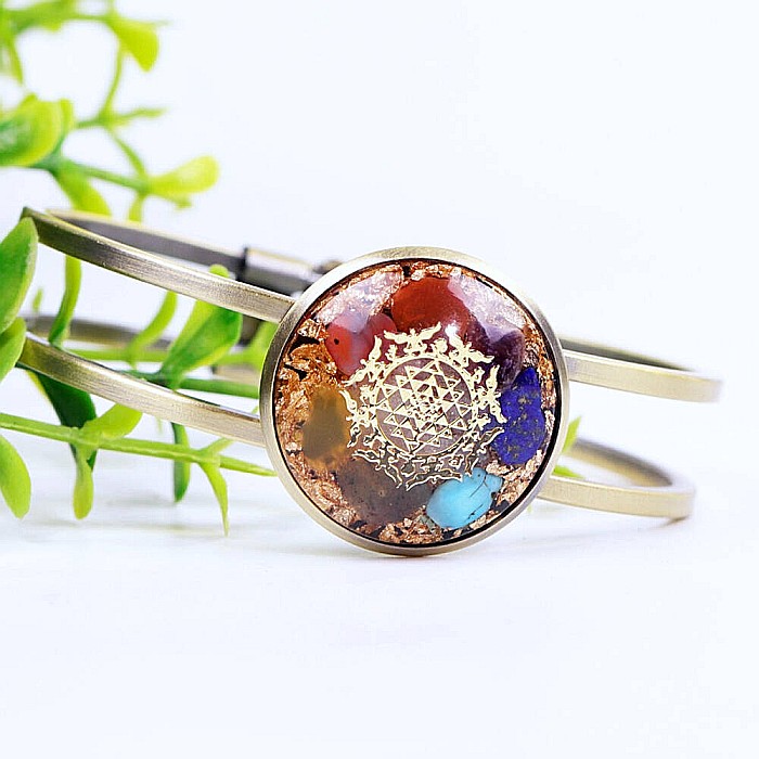 Bratara orgonica ASHIA 7 Chakre alama galvanizata bronz antic, foite Cupru si Cristale Naturale cu simbol Sri Yantra, 6.2 cm [8]