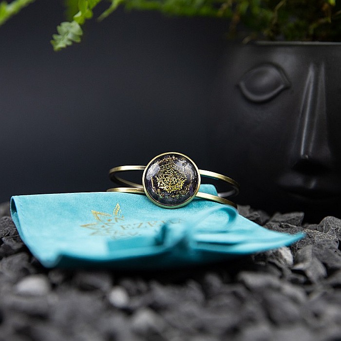 Bratara orgonica ASHIA din alama galvanizata in bronz antic, foite Cupru si Cristale Naturale de Ametist si Sri Yantra, 6.2 cm [4]