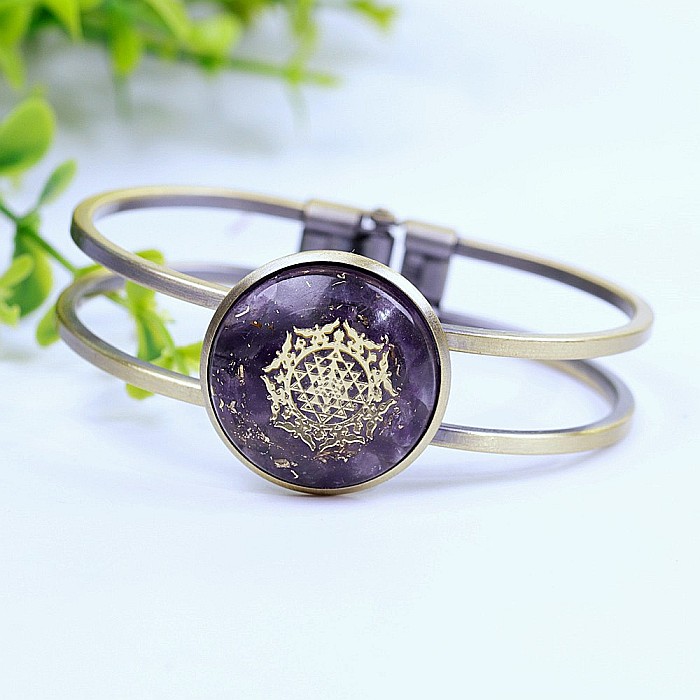 Bratara orgonica ASHIA din alama galvanizata in bronz antic, foite Cupru si Cristale Naturale de Ametist si Sri Yantra, 6.2 cm [3]