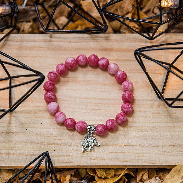 Bratara “Paloma” cu pietre semipretioase, Rodocrozit Roz si Charm Elefant, pentru femei, margele de 8mm [6]