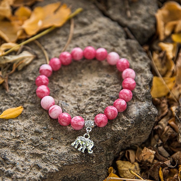 Bratara “Paloma” cu pietre semipretioase, Rodocrozit Roz si Charm Elefant, pentru femei, margele de 8mm [3]