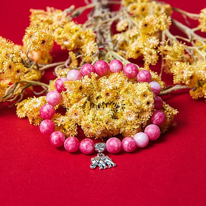 Bratara “Paloma” cu pietre semipretioase, Rodocrozit Roz si Charm Elefant, pentru femei, margele de 8mm [1]