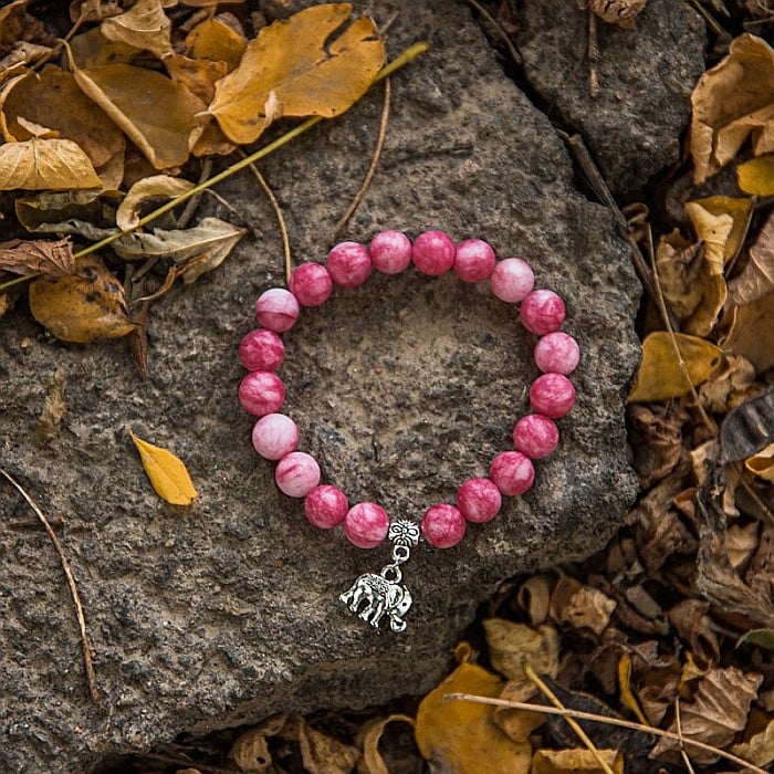 Bratara “Paloma” cu pietre semipretioase, Rodocrozit Roz si Charm Elefant, pentru femei, margele de 8mm [5]