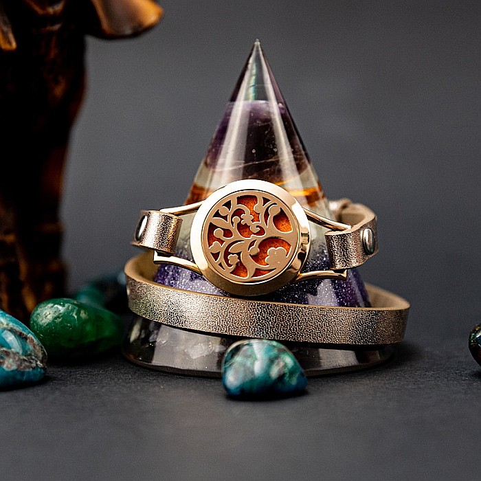 Bratara Pentru Aromaterapie Uleiuri Esentiale, Curea din Piele Ecologica, Aurie, Dubla, cu Medalion Rose Gold Flower [7]