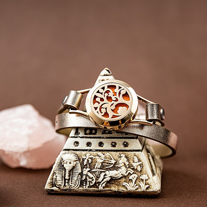 Bratara Pentru Aromaterapie Uleiuri Esentiale, Curea din Piele Ecologica, Aurie, Dubla, cu Medalion Rose Gold Flower [6]