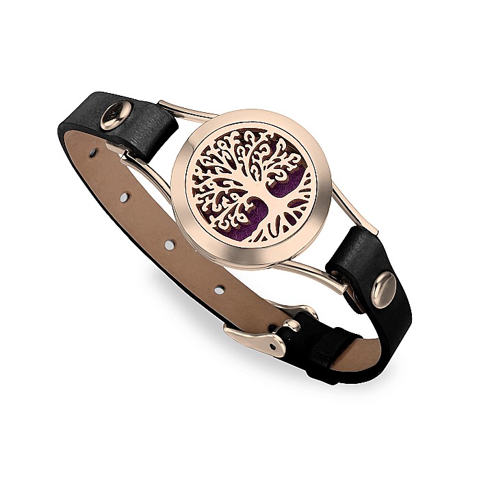 Bratara Pentru Aromaterapie Uleiuri Esentiale, Curea din Piele Ecologica, Aurie, Simpla, cu Medalion Copacul Vietii Rose Gold [1]