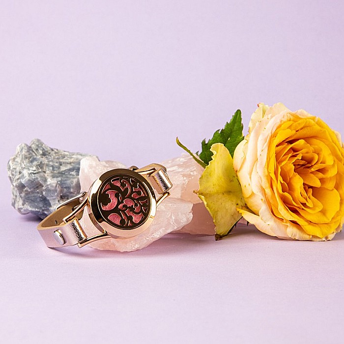 Bratara Pentru Aromaterapie Uleiuri Esentiale, Curea din Piele Ecologica, Aurie, Simpla, cu Medalion Rose Gold Flower [7]