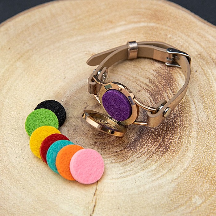 Bratara Pentru Aromaterapie Uleiuri Esentiale, Curea din Piele Ecologica, Aurie, Simpla, cu Medalion Rose Gold Flower [9]