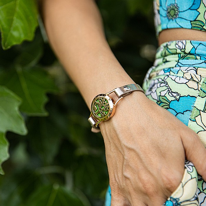 Bratara Pentru Aromaterapie Uleiuri Esentiale, Curea din Piele Ecologica, Aurie, Simpla, cu Medalion Rose Gold Flower [3]