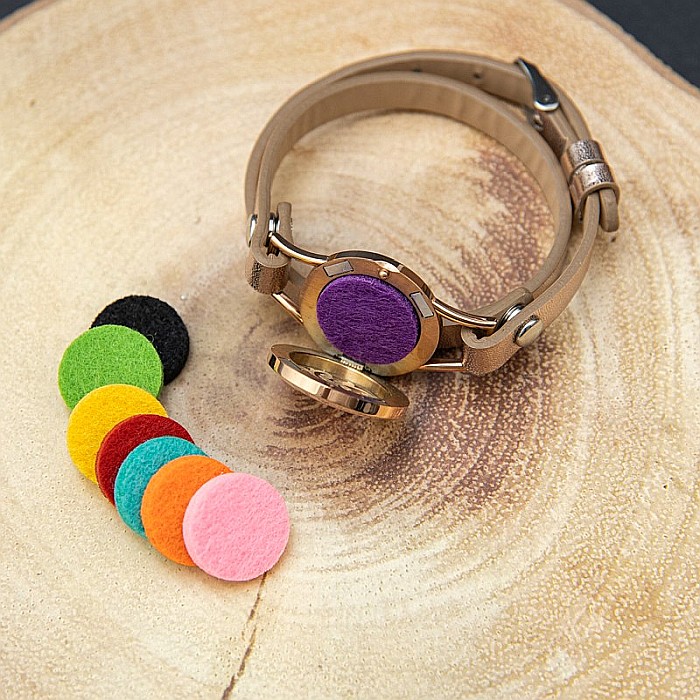 Bratara Pentru Aromaterapie Uleiuri Esentiale, Curea din Piele Ecologica, Aurie, Dubla, cu Medalion Rose Gold Flower [5]