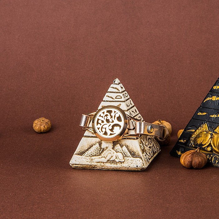 Bratara Pentru Aromaterapie Uleiuri Esentiale, Curea din Piele Ecologica, Aurie, Simpla, cu Medalion Rose Gold Flower [8]